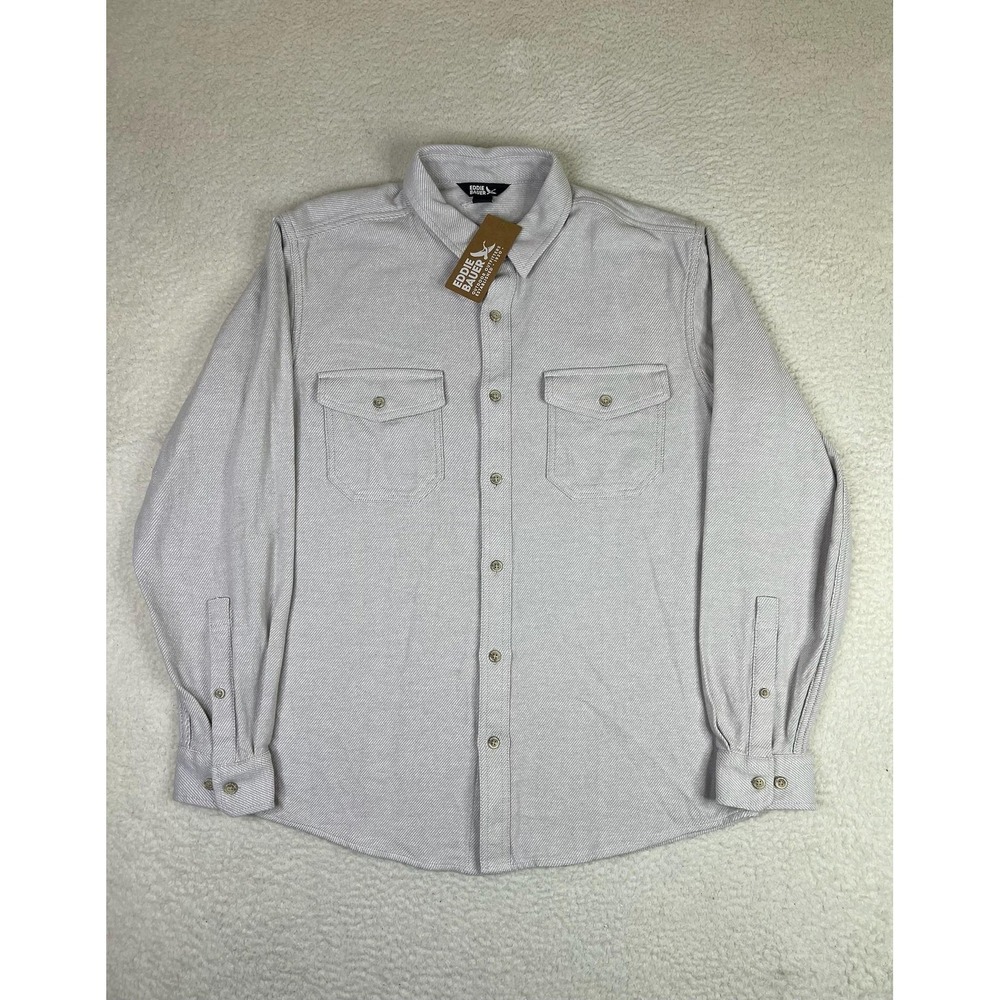 Eddie Bauer Shirt Mens Medium White Herringbone Dawn Patrol LS Button Up NEW